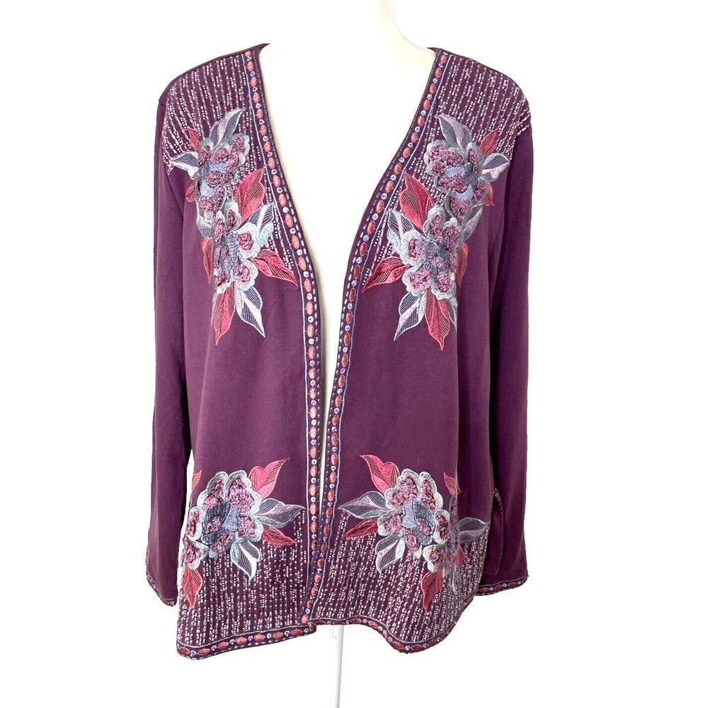 Soft Surroundings Playa Embroidery Jacket Beaded Open Front Blazer